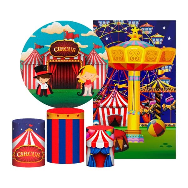 Kit Casado Circo Painel Redondo Trio Capas Cilindro Retangular Vertical Em Tecido