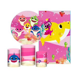 Kit Casado Baby Shark Rosa Painel Redondo Trio Capas Cilindro Retangular Vertical Em Tecido