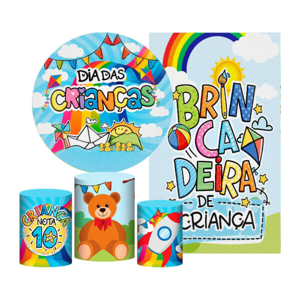 Kit Casado Dia das Crianças Painel Redondo Trio Capas Cilindro Retangular Vertical Em Tecido