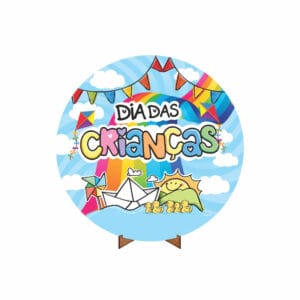 Painel Redondo 3D Dia das Crianças Tecido 50cm X 50cm Com Suporte MDF