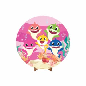 Painel Redondo 3D Baby Sharky Rosa Tecido 50cm X 50cm Com Suporte MDF