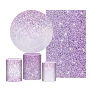 Kit Casado Glitter Lilás Painel Redondo Trio Capas Cilindro Retangular Vertical Em Tecido
