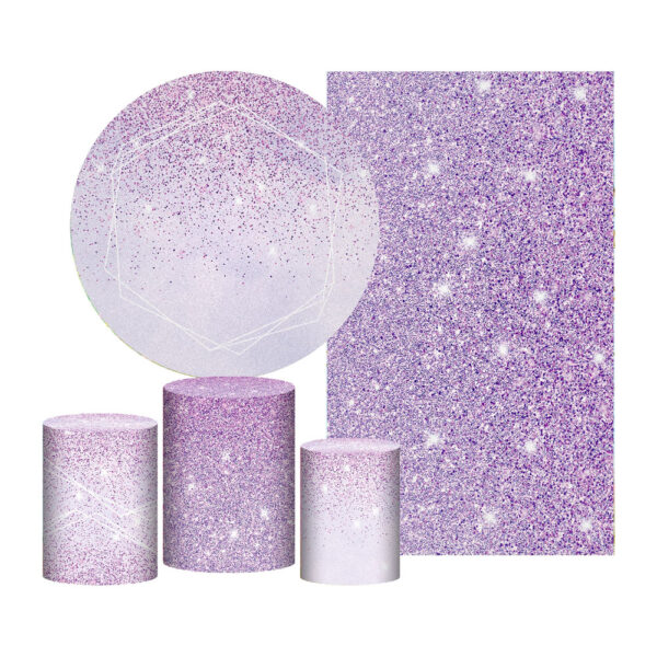 Kit Casado Glitter Lilás Painel Redondo Trio Capas Cilindro Retangular Vertical Em Tecido