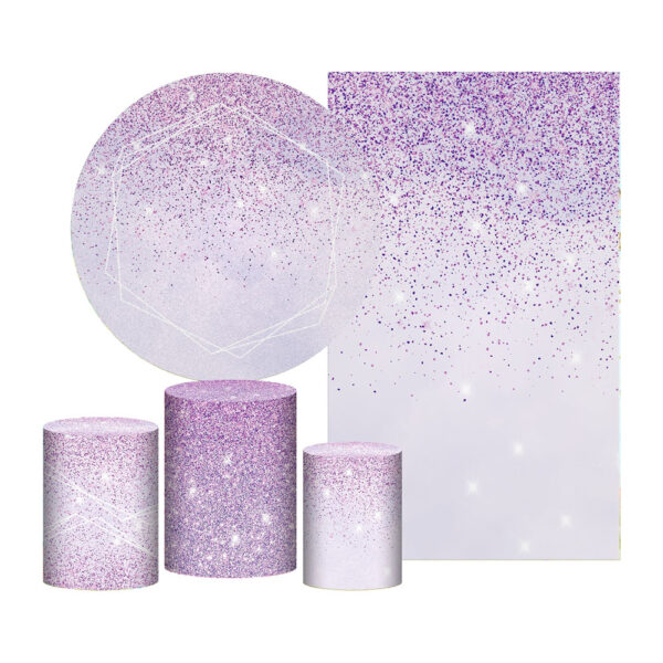 Kit Casado Glitter Lilás Painel Redondo Trio Capas Cilindro Retangular Vertical Em Tecido