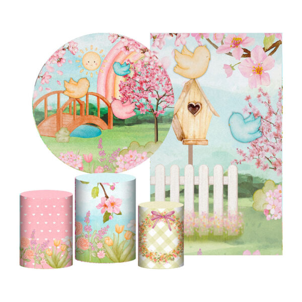 Kit Casado Jardim Painel Redondo Trio Capas Cilindro Retangular Vertical Em Tecido