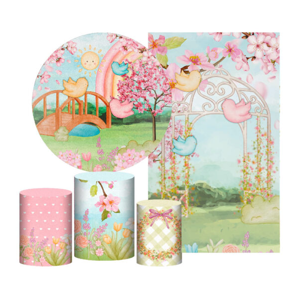 Kit Casado Jardim Painel Redondo Trio Capas Cilindro Retangular Vertical Em Tecido