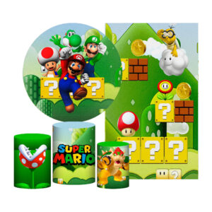 Kit Casado Super Mario Painel Redondo Trio Capas Cilindro Retangular Vertical Em Tecido