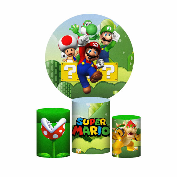 Trio Capa Cilindro + Painel Redondo 3D Super Mario 1,50m Veste Fácil