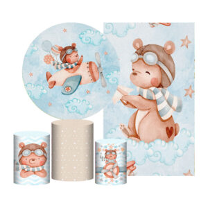 Kit Casado Ursinho Painel Redondo Trio Capas Cilindro Retangular Vertical Em Tecido