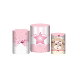 Trio Capa Cilindro Ursinha Rosa 3D Em Tecido Com Elástico