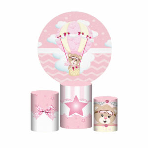 Trio Capa Cilindro + Painel Redondo 3D Ursinha Rosa 1,50m Veste Fácil
