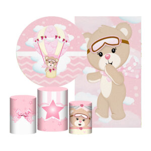 Kit Casado Ursinha Rosa Painel Redondo Trio Capas Cilindro Retangular Vertical Em Tecido