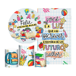 Kit Casado Volta ás Aulas Painel Redondo Trio Capas Cilindro Retangular Vertical Em Tecido