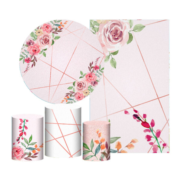 Kit Casado Floral Painel Redondo Trio Capas Cilindro Retangular Vertical Em Tecido