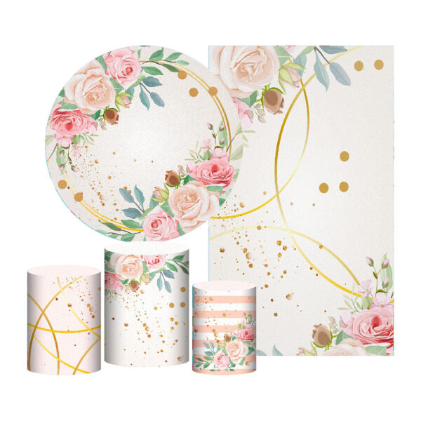 Kit Casado Floral Painel Redondo Trio Capas Cilindro Retangular Vertical Em Tecido