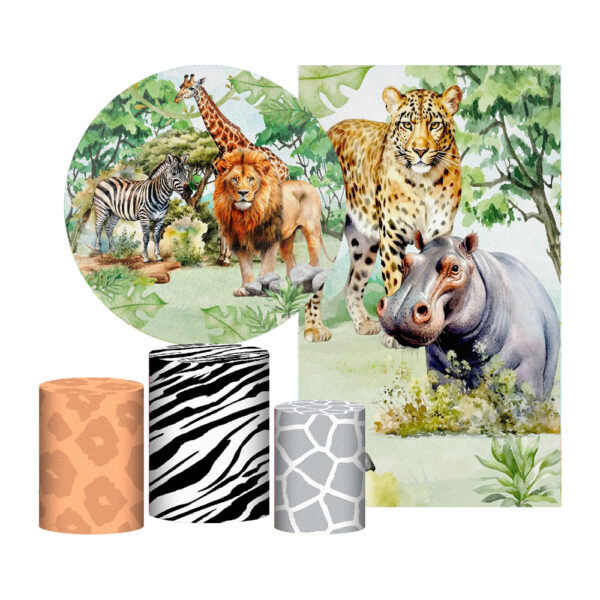 Kit Casado Safari Painel Redondo Trio Capas Cilindro Retangular Vertical Em Tecido