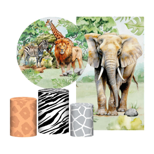 Kit Casado Safari Painel Redondo Trio Capas Cilindro Retangular Vertical Em Tecido