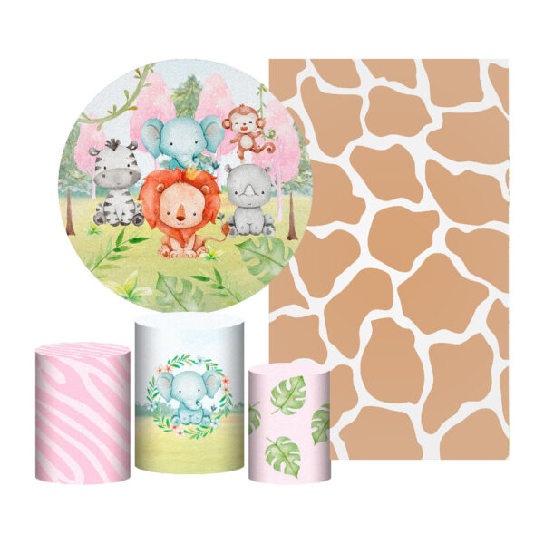 Kit Casado Safari Painel Redondo Trio Capas Cilindro Retangular Vertical Em Tecido