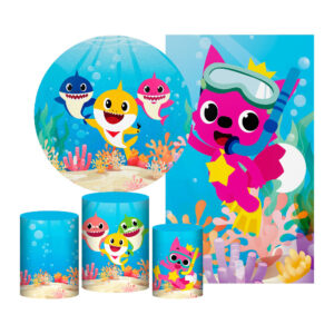 Kit Casado Baby Shark Painel Redondo Trio Capas Cilindro Retangular Vertical Em Tecido
