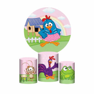 Trio Capa Cilindro + Painel Redondo 3D Galinha Pintadinha 1,50m Veste Fácil
