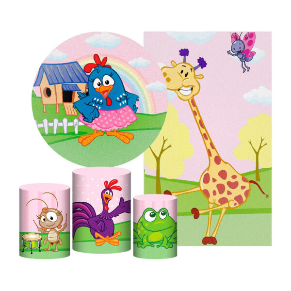 Kit Casado Galinha Pintadinha Painel Redondo Trio Capas Cilindro Retangular