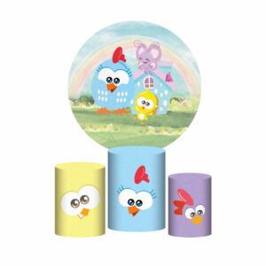 Trio Capa Cilindro + Painel Redondo 3D Galinha Pintadinha 1,50m Veste Fácil