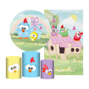 Kit Casado Galinha Pintadinha Painel Redondo Trio Capas Cilindro Retangular