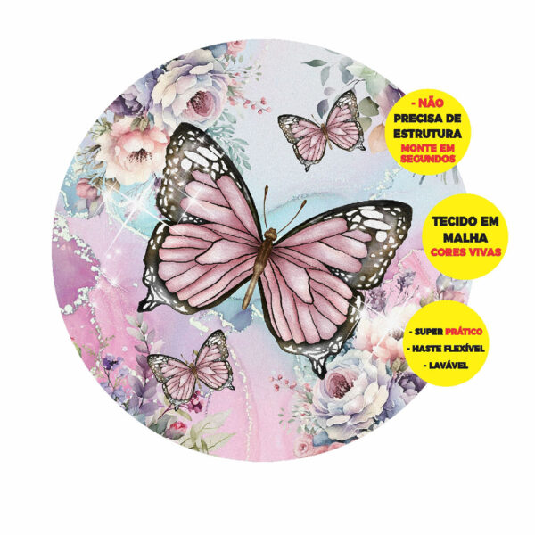 Painel Redondo 3D Borboleta Rosa Abre Fácil 1,50m X 1,50m