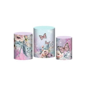 Trio Capa Cilindro Borboleta Rosa 3D Em Tecido Com Elástico