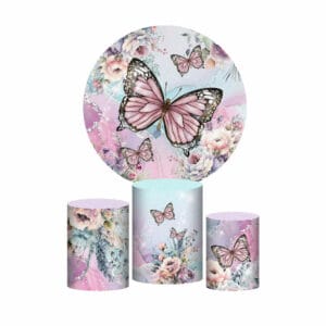 Trio Capa Cilindro + Painel Redondo 3D Borboleta Rosa 1,50m Veste Fácil