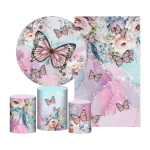 Kit Casado Borboletas Rosa Painel Redondo Trio Capas Cilindro Retangular Vertical Em Tecido
