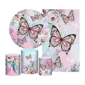 Kit Casado Borboletas Rosa Painel Redondo Trio Capas Cilindro Retangular Vertical Em Tecido