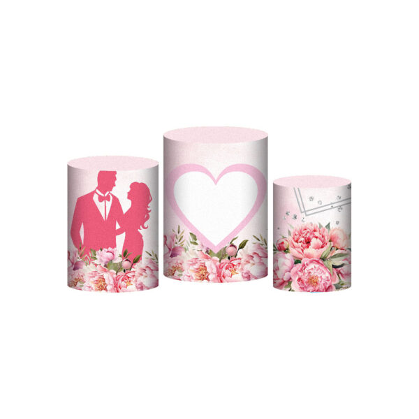 Trio Capa Cilindro Casamento Rosa 3D Em Tecido Com Elástico