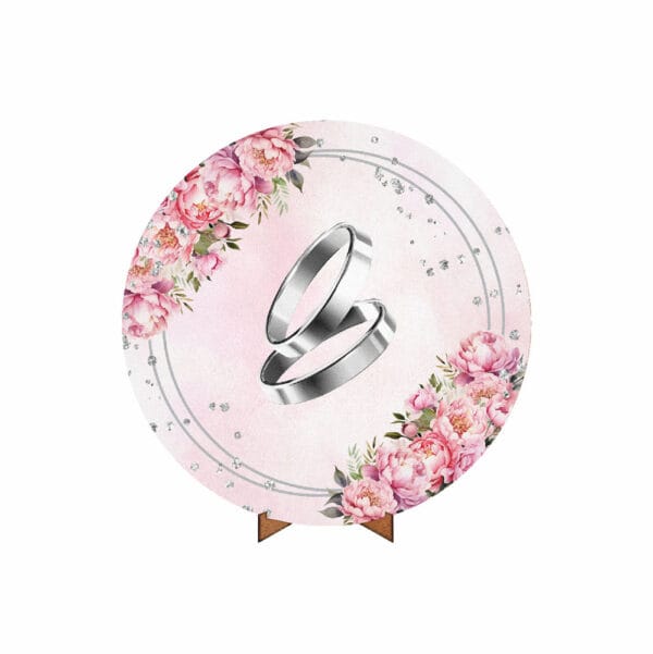 Painel Redondo 3D Casamento Rosa Tecido 50cm X 50cm Com Suporte MDF