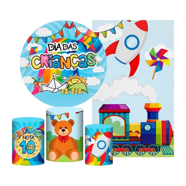 Kit Casado Dia das Crianças Painel Redondo Trio Capas Cilindro Retangular Vertical Em Tecido