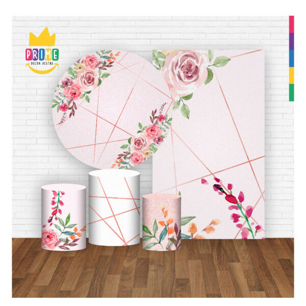 Kit Casado Floral Painel Redondo Trio Capas Cilindro Retangular Vertical Em Tecido - Image 2