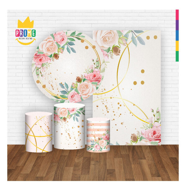 Kit Casado Floral Painel Redondo Trio Capas Cilindro Retangular Vertical Em Tecido - Image 2