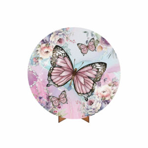 Painel Redondo 3D Borboleta Rosa Tecido 50cm X 50cm Com Suporte MDF