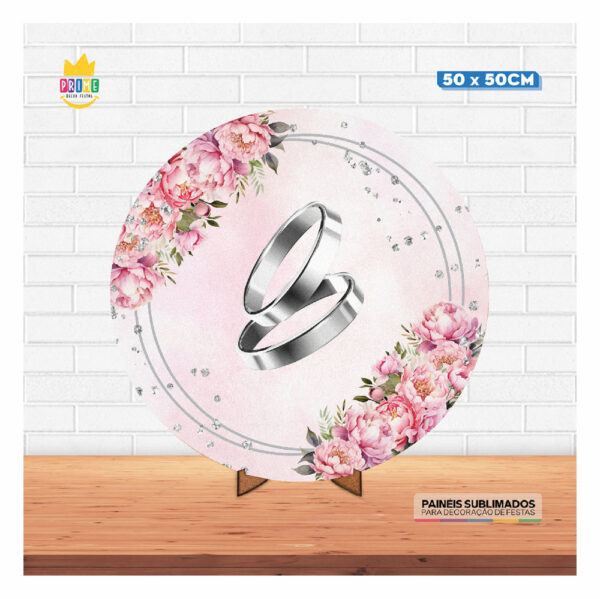 Painel Redondo 3D Casamento Rosa Tecido 50cm X 50cm Com Suporte MDF - Image 2