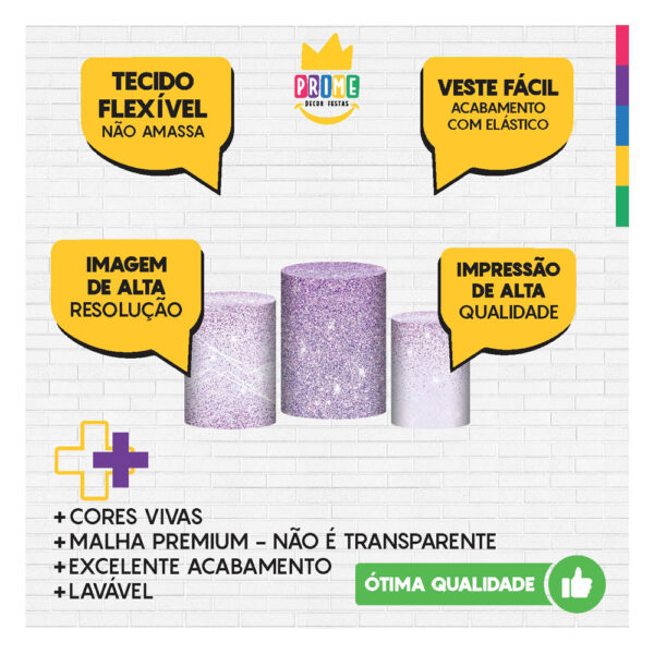 Trio Capa Cilindro Glitter Lilás 3D Em Tecido Com Elástico - Image 3