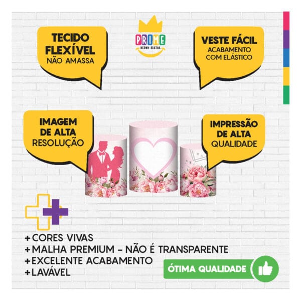 Trio Capa Cilindro Casamento Rosa 3D Em Tecido Com Elástico - Image 3