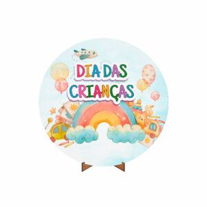 Painel Redondo 3D Dia das Crianças Tecido 50cm X 50cm Com Suporte MDF