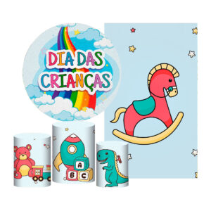 Kit Casado Dia das Crianças Painel Redondo Trio Capas Cilindro Retangular