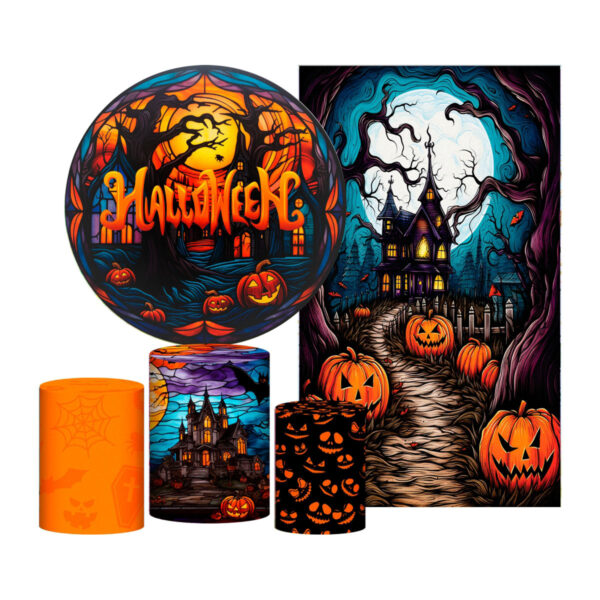 Kit Casado Halloween Painel Redondo Trio Capas Cilindro Retangular