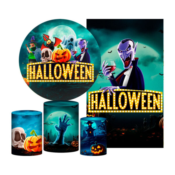 Kit Casado Halloween Painel Redondo Trio Capas Cilindro Retangular