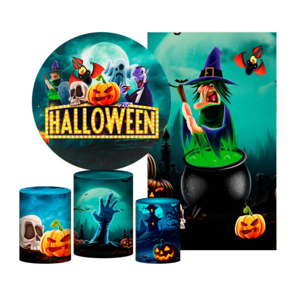 Kit Casado Halloween Painel Redondo Trio Capas Cilindro Retangular