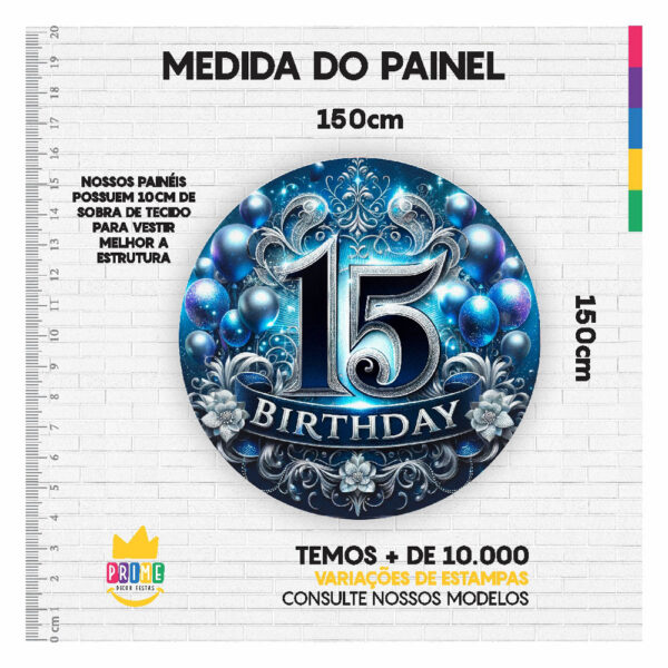 Painel Redondo 15 Anos Aniversário 3D Tecido 1,50m x 1,50m - Image 3