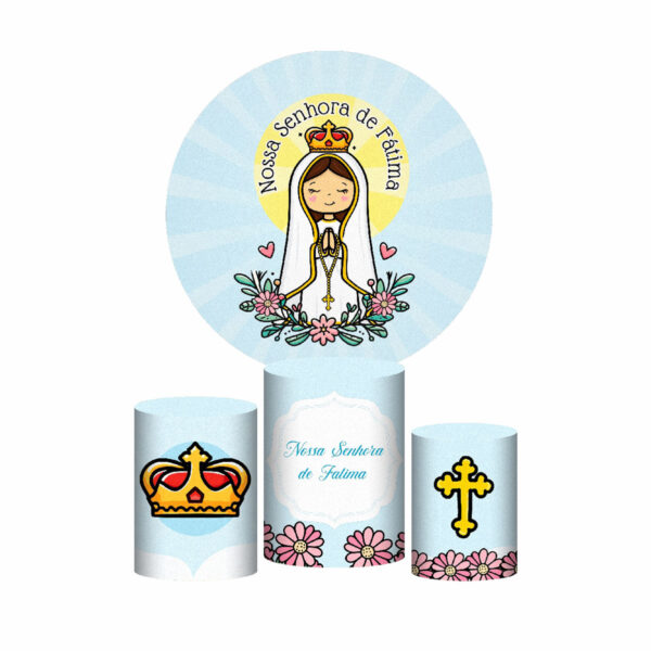 Trio Capa Cilindro + Painel Redondo 3D Nossa Senhora de Fátima 1,50m Veste Fácil