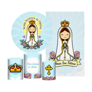 Kit Nossa Senhora de Fátima Painel Redondo + Trio Capas + Retangular Tecido