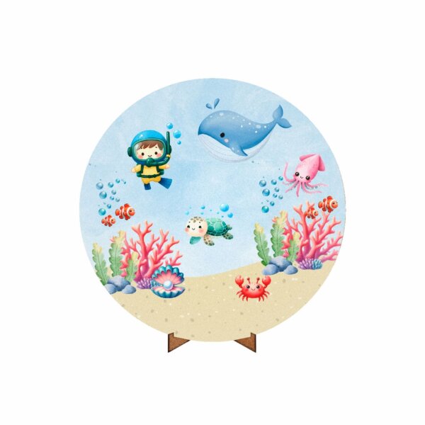 Painel Redondo 3D Fundo do Mar 50cm Com Suporte MDF